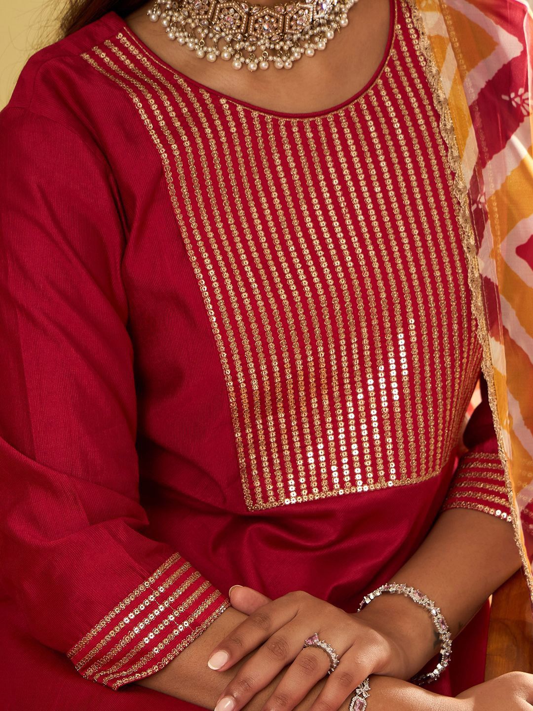 Chevron Embroidered Sequinned Liva A-Line Kurta With Trousers & With Dupatta