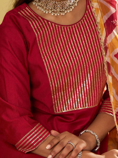 Chevron Embroidered Sequinned Liva A-Line Kurta With Trousers & With Dupatta