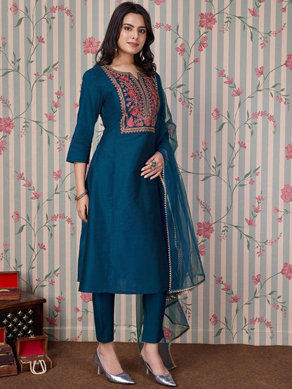 Dhiyona OD  Blue Ethnic Motifs Embroidered Zari Kurta With Trousers & Dupatta