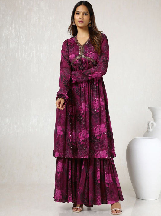Dhiyona SO Women's Floral Printed Mirror Work Straight Kurta with Sharara & Dupatta