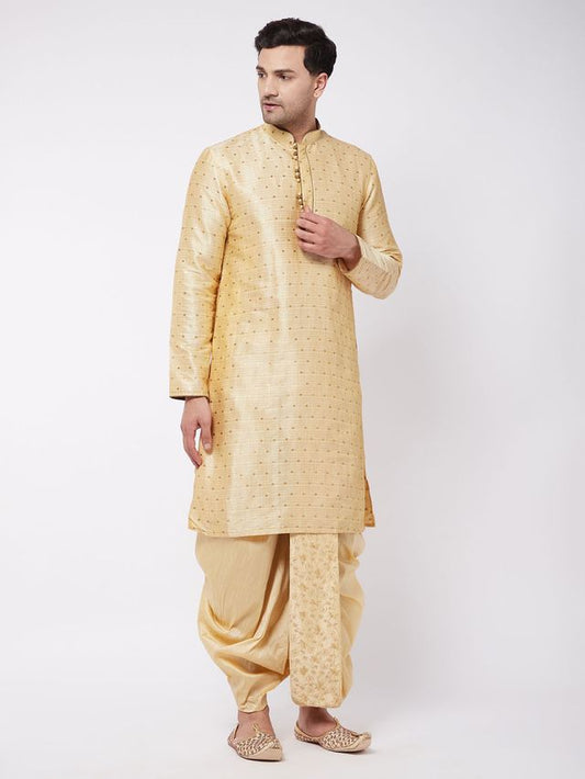 Men's Beige Silk Blend Straight Kurta and Dhoti Set