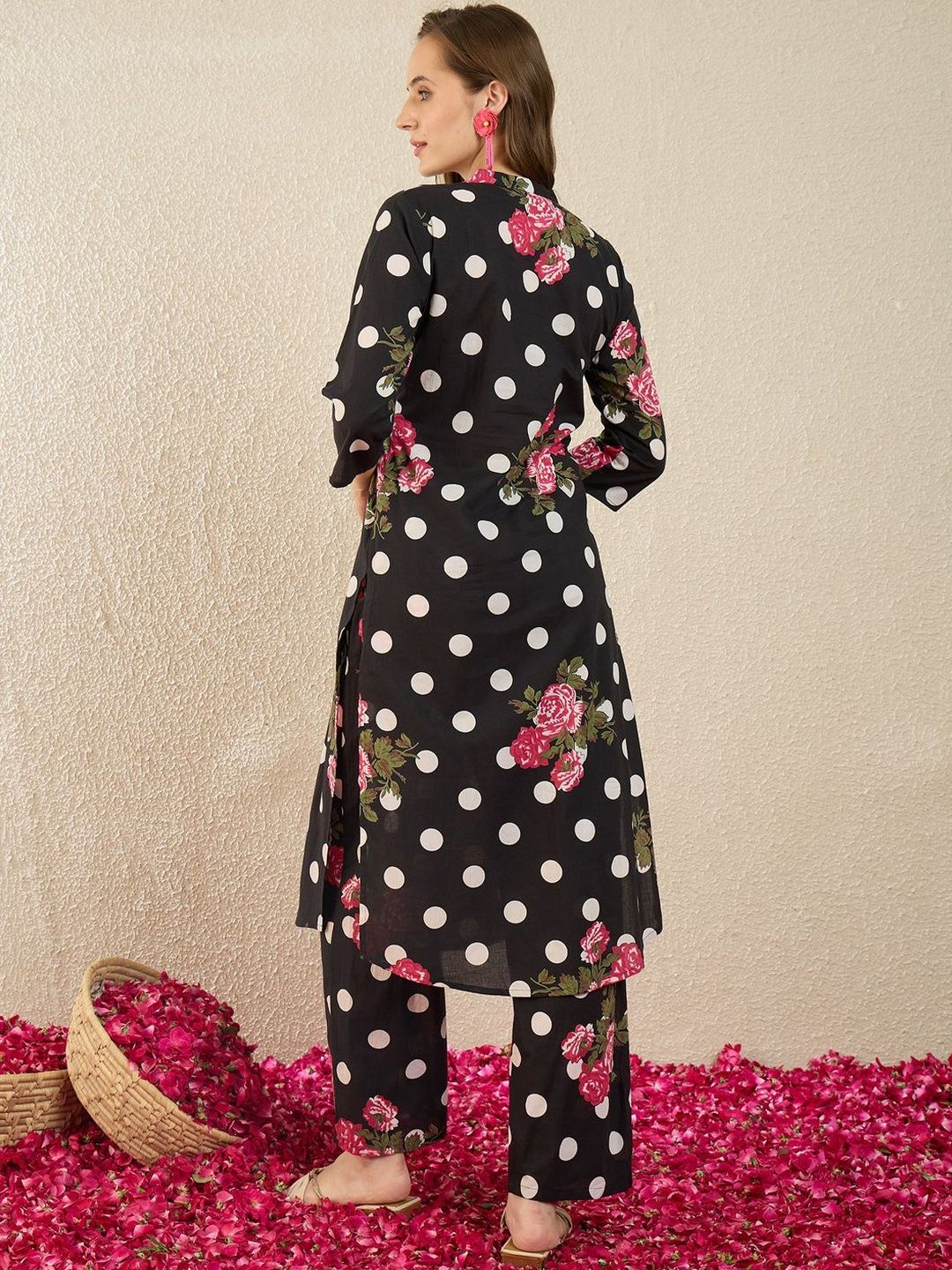 Dhiyona IE Printed Mandarin Collar Three-Quarter Sleeves Pure Cotton Top With Trousers