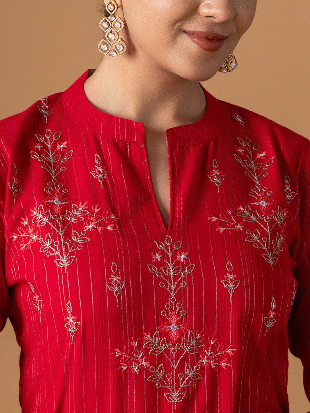 Dhiyona WP Floral Embroidered Thread Work Pure Cotton Kurta With Trousers & Dupatta