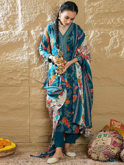 Dhiyona IE Women Floral Printed Regular Mirror Work Kurta with Trousers & With Dupatta