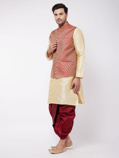 Men's Gold Silk Blend Straight Jacket  Kurta and Dhoti Set