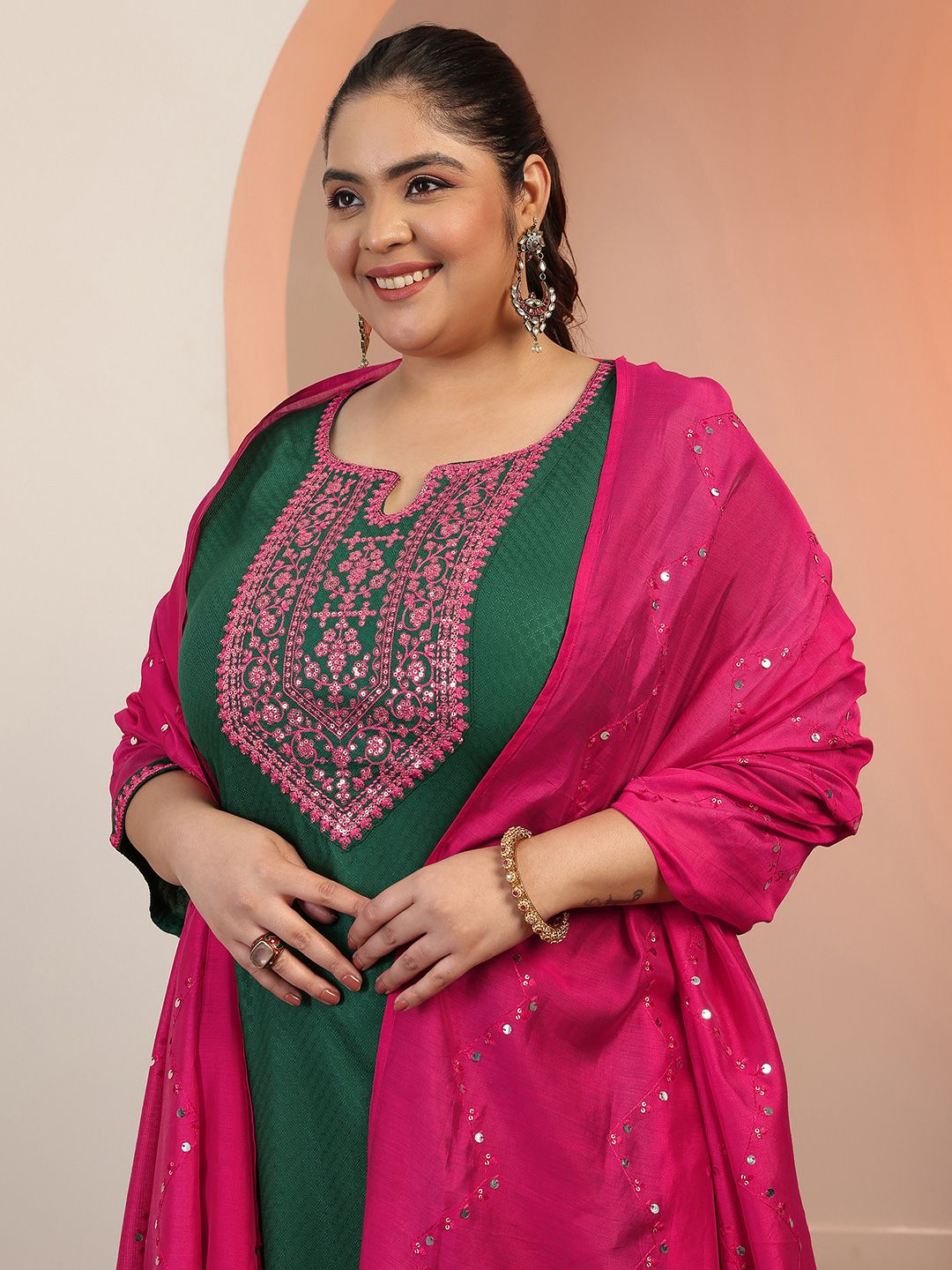 Dhiyona Women's Plus Size Ethnic Motifs Embroidered Kurta with Trousers & Dupatta