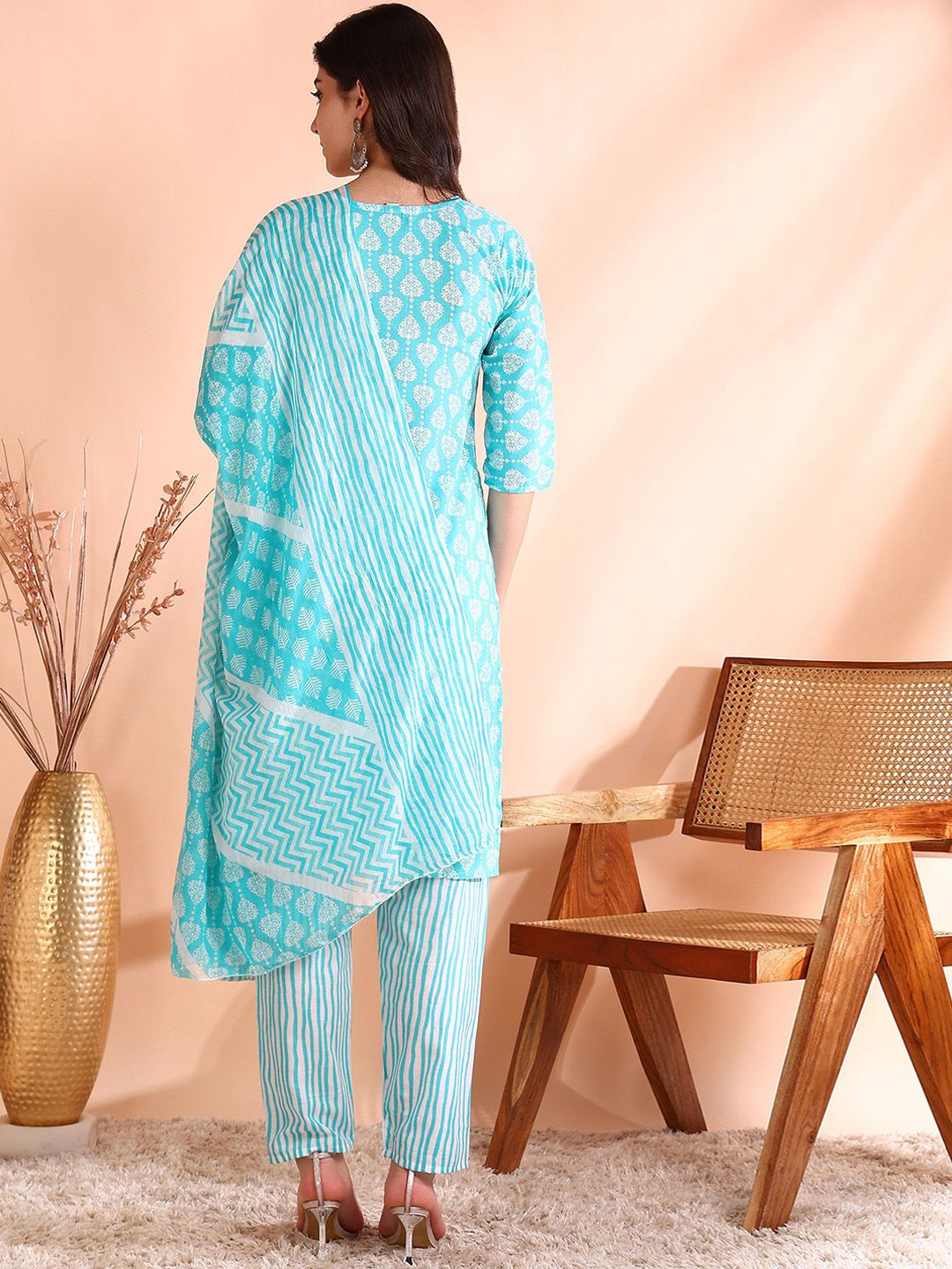 Dhiyona OD  Thread Work Pure Cotton Straight Kurta with Trousers & Dupatta