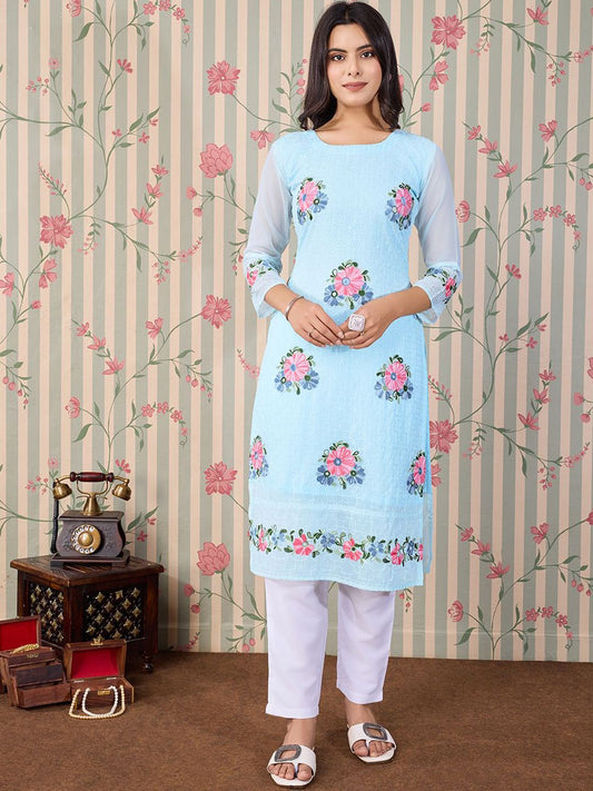 Dhiyona OD  Floral Embroidered Thread Work Floral Georgette Straight Kurta