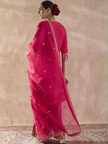 Ethnic Motifs Embroidered Straight Thread Work Kurta With Palazzos & Dupatta