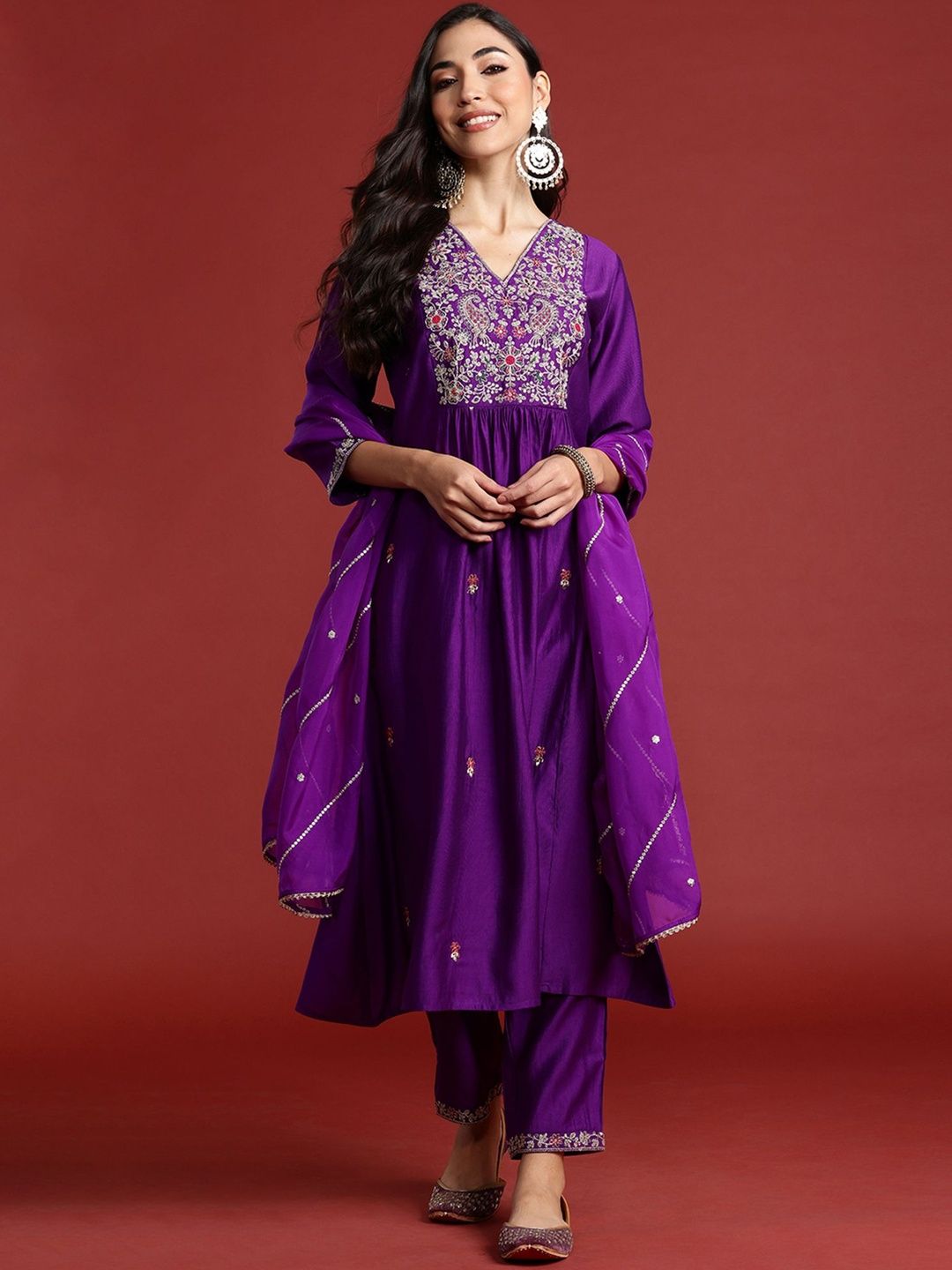 Ethnic Motifs Embroidered Thread Work A-Line Kurta With Trouser And Dupatta