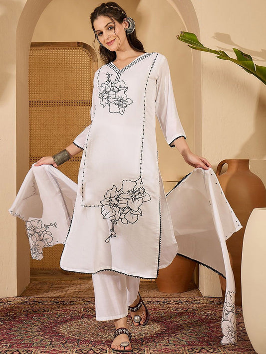 Dhiyona SN Women's Floral Embroidered Thread Work Pure Silk Straight Kurta & Trousers With Dupatta
