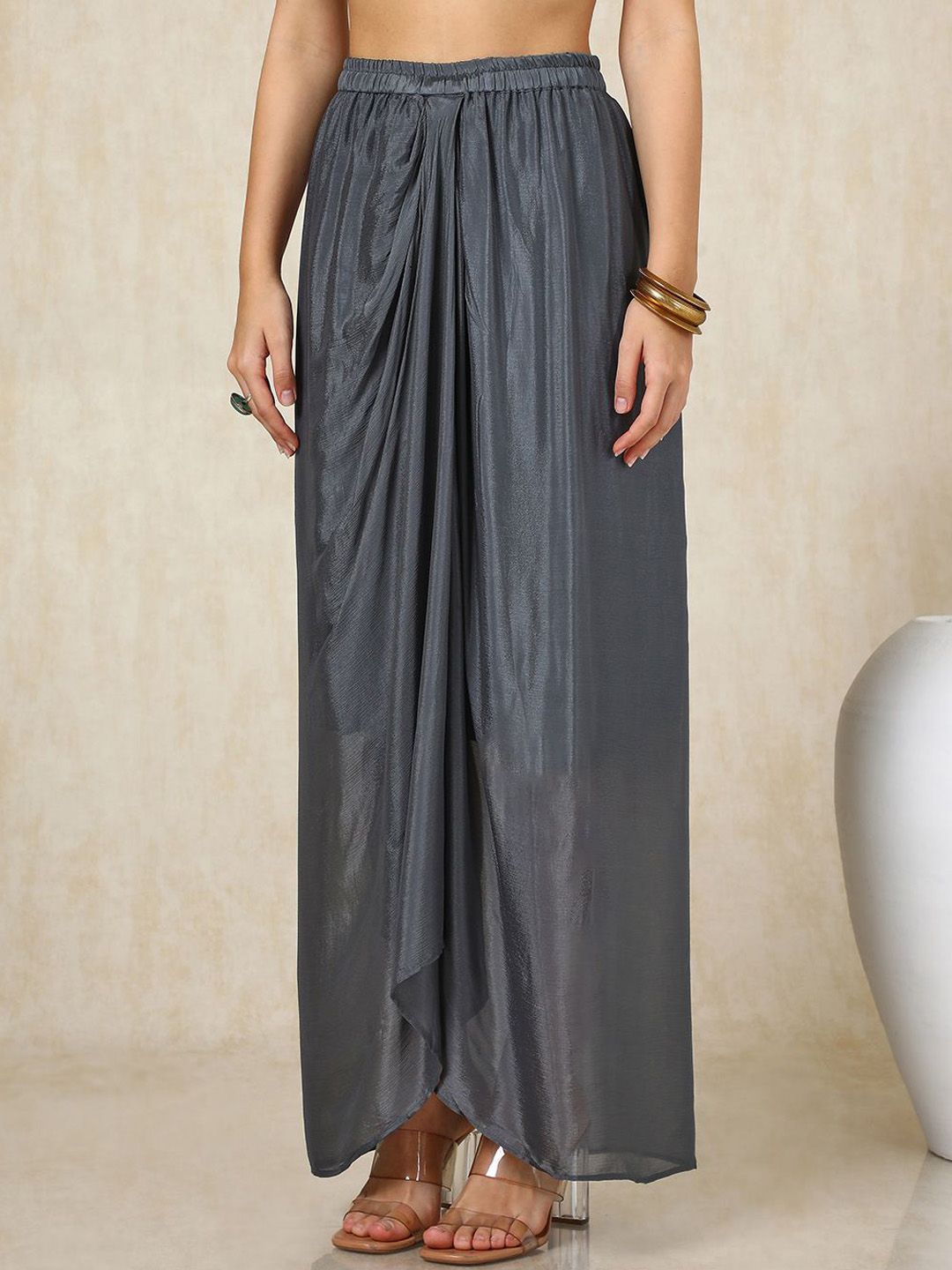 Dhiyona SO Women's Grey Floral Embroidered Mandarin Collar Three-Quarter Sleeves Top With Skirt