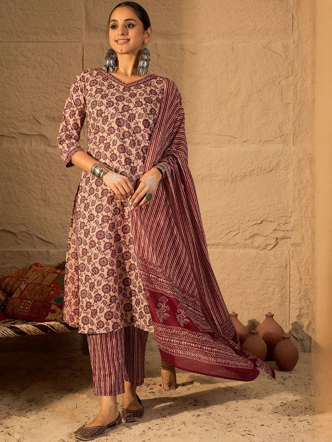 Women Floral Printed Cotton Kurta with Trousers & Dupatta