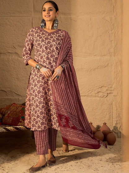 Women Floral Printed Cotton Kurta with Trousers & Dupatta