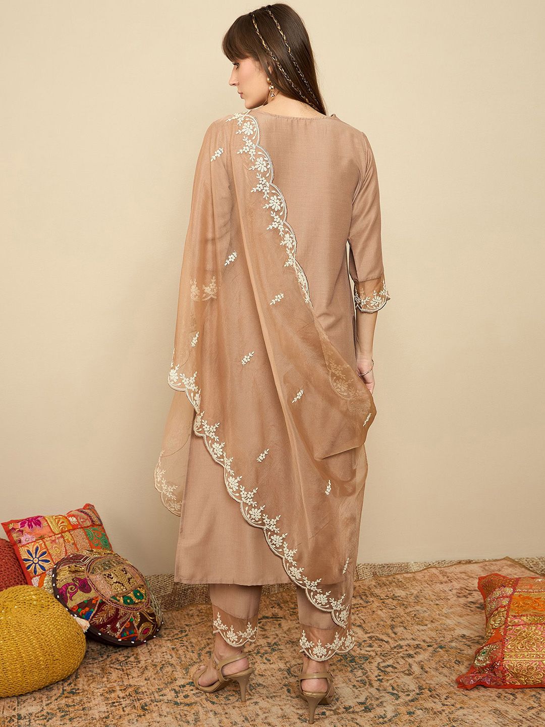 Floral Yoke Design Thread Work Straight Kurta With Trousers & Dupatta