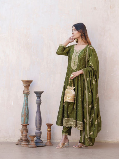 Dhiyona PD Women Bandhani Printed Panelled Anarkali Kurta With Trouser & Dupatta