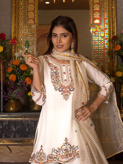 Dhiyona CH Georgette Embroidered Kurta Set with Sharara and Dupatta