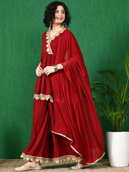 Dhiyona SN Women's Lace Detail V-Neck Pleated Anarkali Kurta With Trouser & Dupatta