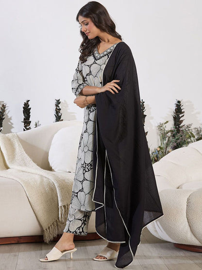Dhiyona IE Floral Printed Sequinned Pure Cotton Straight Kurta with Trouser & Dupatta