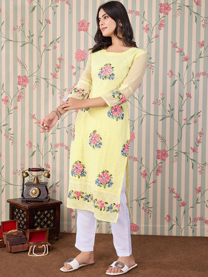 Dhiyona OD  Floral Embroidered Thread Work Floral Georgette Straight Kurta