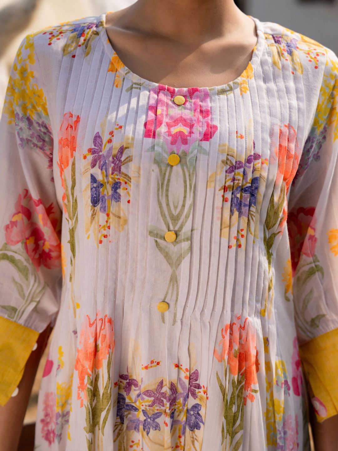 Dhiyona IE Floral Printed Pleated Pure Cotton A-Line Kurta With Trousers