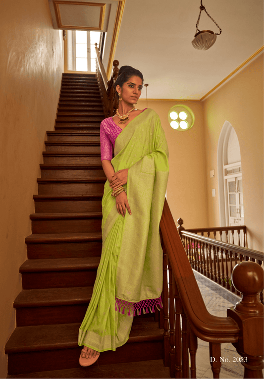 Dhiyona KM Women Lime Green Zari Nylon Silk Saree