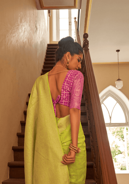 Dhiyona KM Women Lime Green Zari Nylon Silk Saree