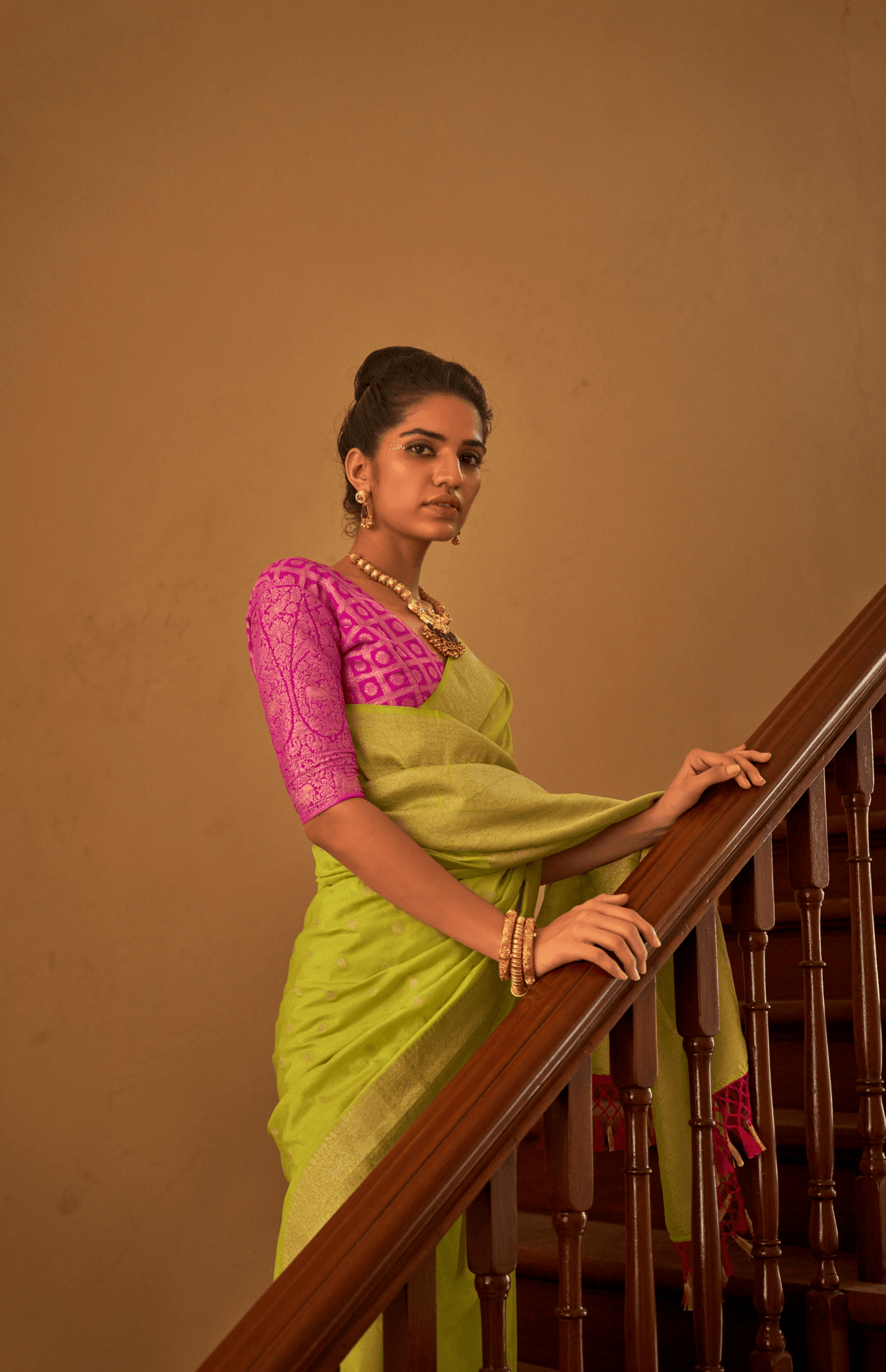 Dhiyona KM Women Lime Green Zari Nylon Silk Saree