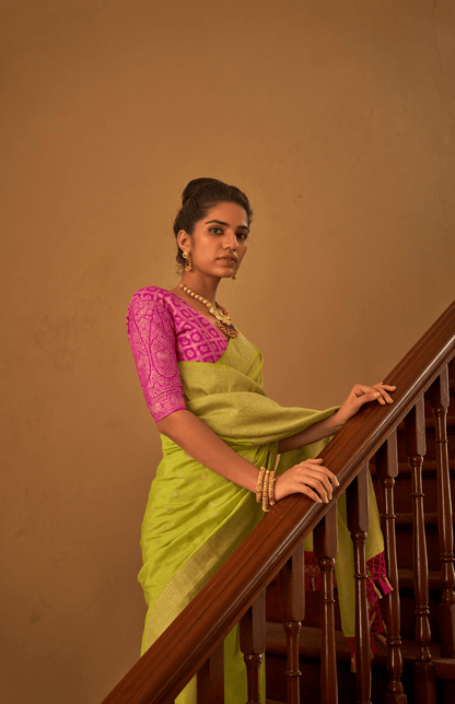 Dhiyona KM Women Lime Green Zari Nylon Silk Saree