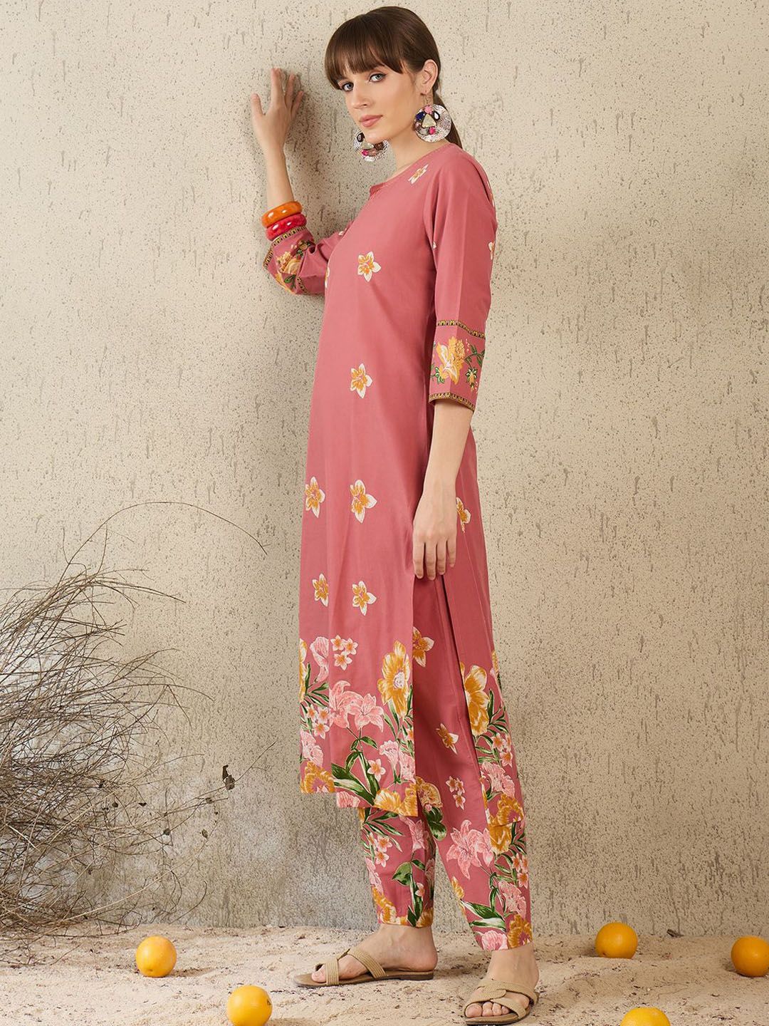 Floral Printed Round Neck Sequinned Pure Cotton Kurta With Trousers