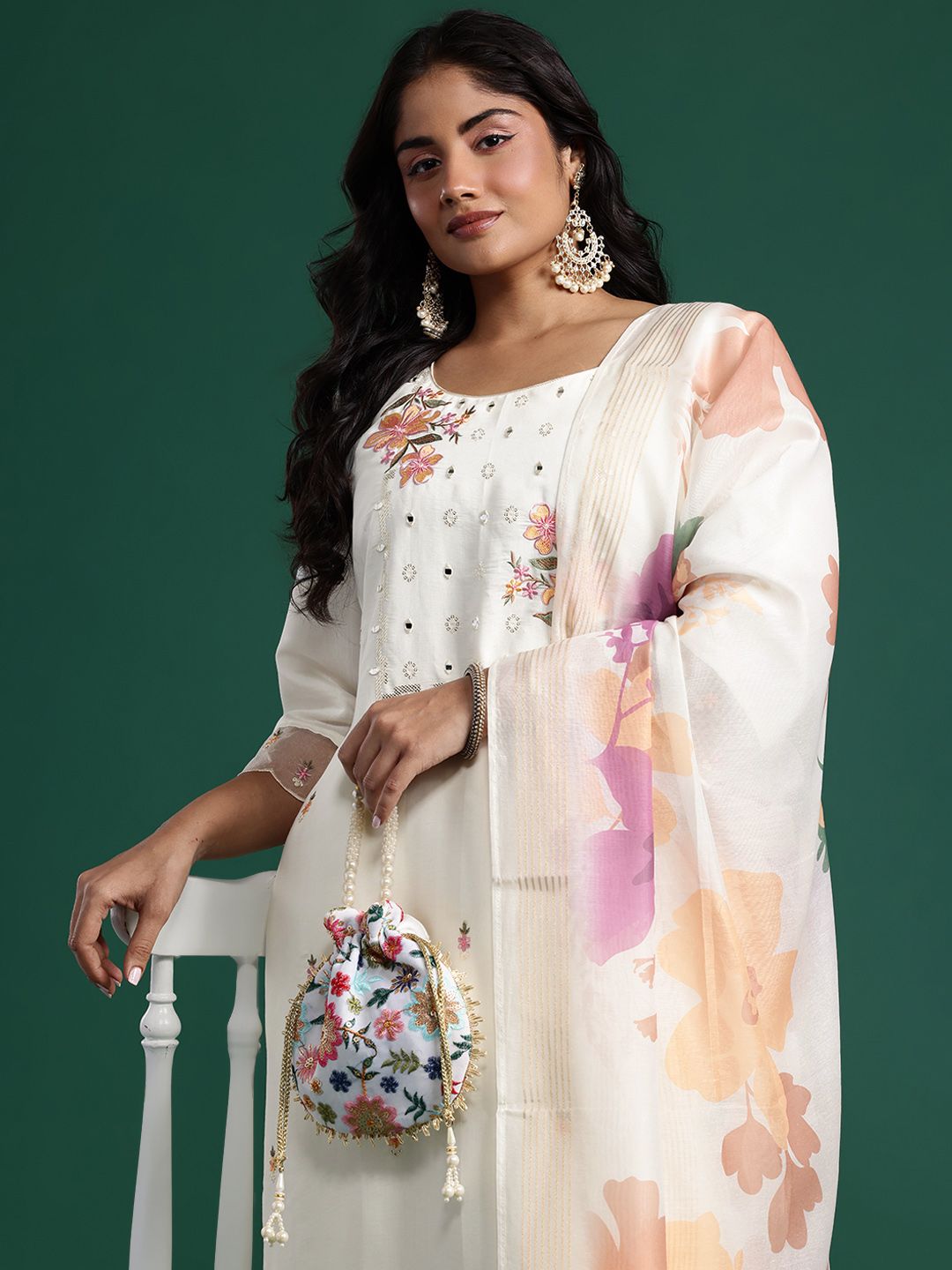 Dhiyona IE Floral Embroidered Mirror Work Kurta with Palazzos & Dupatta