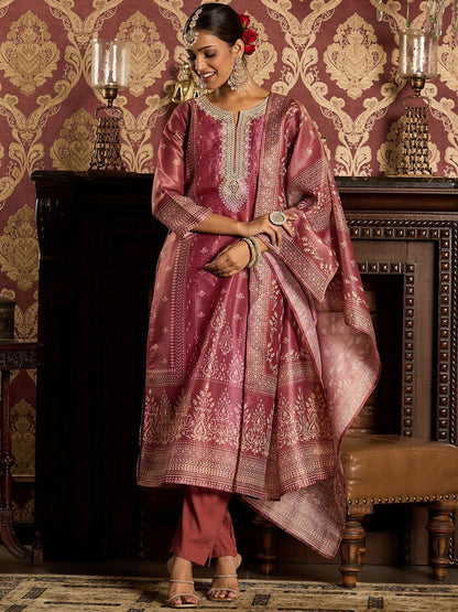 Dhiyona IE Floral Zari Embroidered Straight Kurta with Trouser & Dupatta