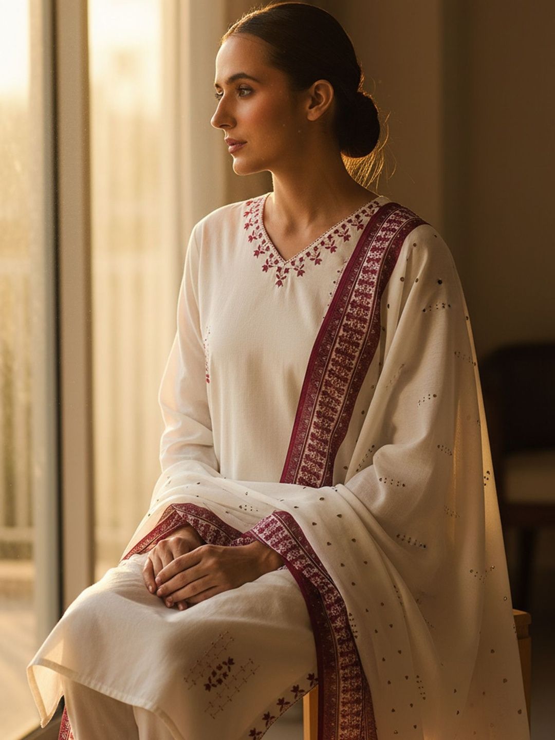 Dhiyona IE Embroidered V-Neck Thread Work Pure Cotton Straight Kurta With Trousers & Dupatta
