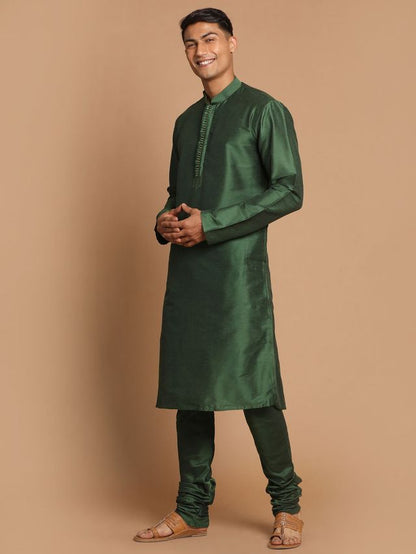 Men's Bottle Green Cotton Blend Straight Kurta Pyjama Set