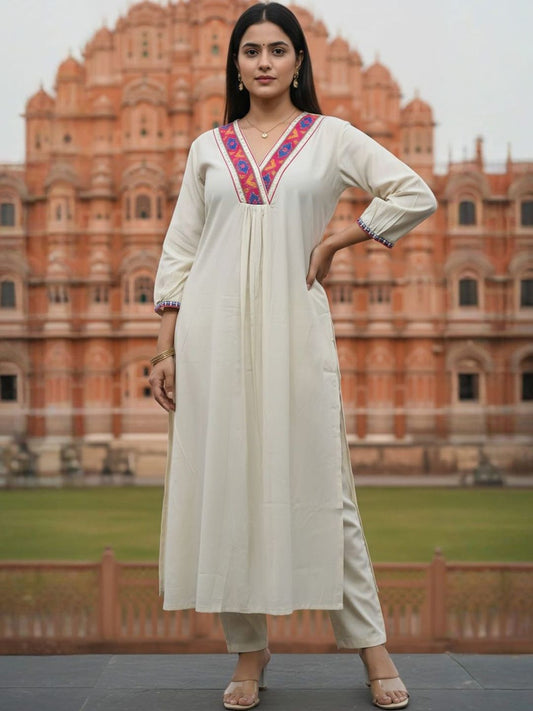 Off White Embroidered A-Line Liva Kurta With Trousers