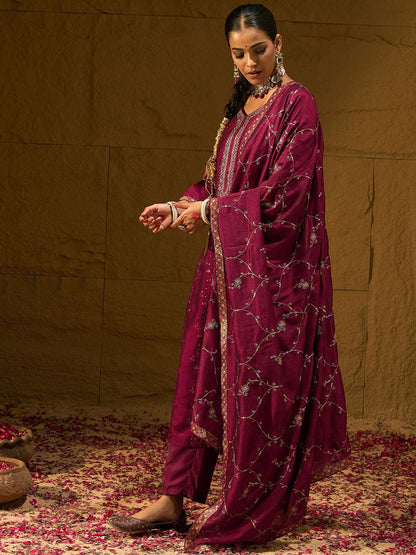 Dhiyona IE Maroon Floral Embroidered V-Neck Straight Kurta with Trousers & Dupatta