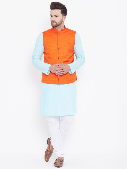 Men's Aqua Cotton Blend Straight Jacket  Kurta and Pyjama Set