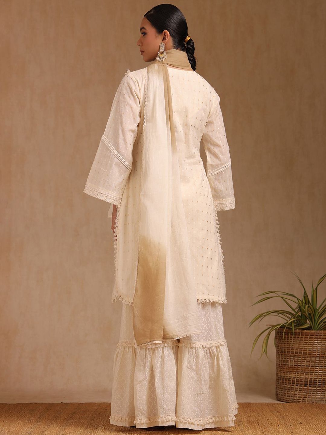 Dhiyona SO Women's Geometric Woven Design Mirror Work Cotton Straight Kurta With Sharara & Dupatta
