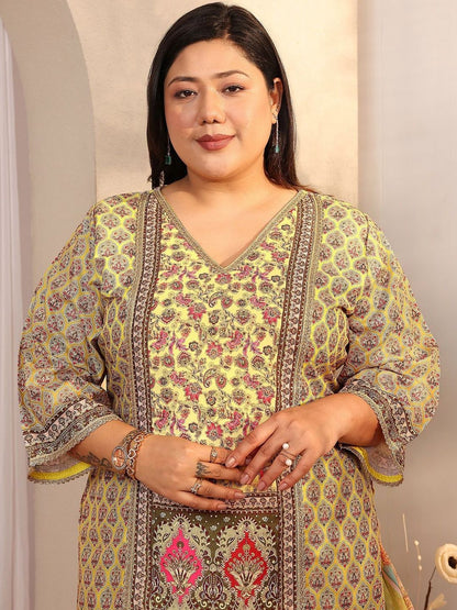 Dhiyona Women's Plus Size Ethnic Motifs Printed Kurta with Palazzos & Dupatta