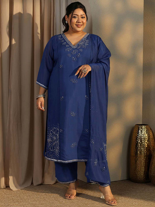 Dhiyona Women's Plus Size Ethnic Motifs Embroidered Kurta with Trouser & Dupatta