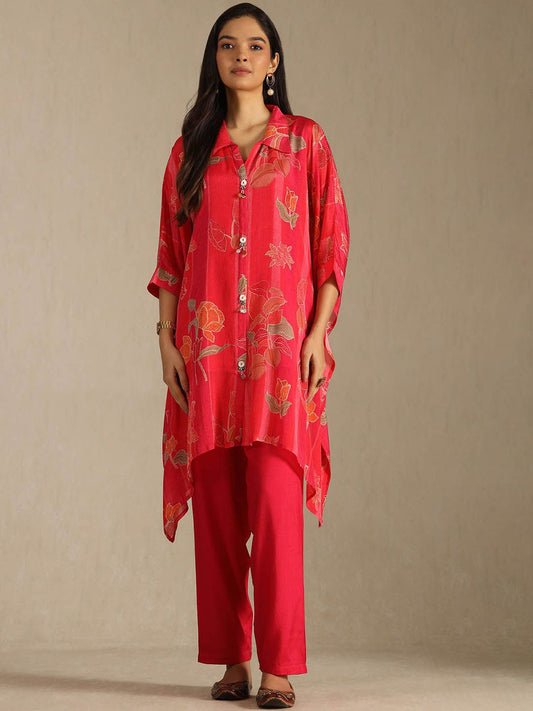 Dhiyona SO Women's Women Floral Printed Beads and Stones Kaftan Kurta with Trousers
