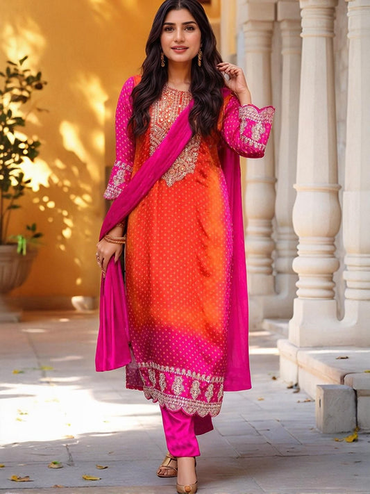 Dhiyona KL Women Pink Rayon Blend Printed Straight Kurta Set With Dupatta