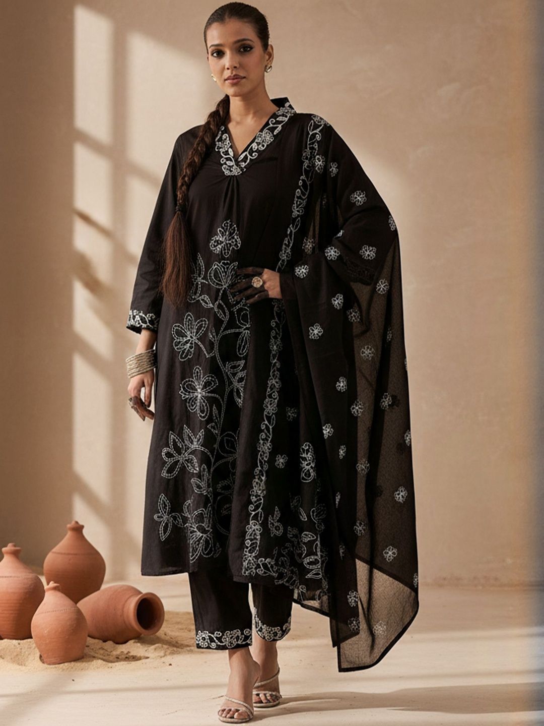 Floral Embroidered A-Line Chikankari Pure Cotton Kurta With Trousers & Dupatta
