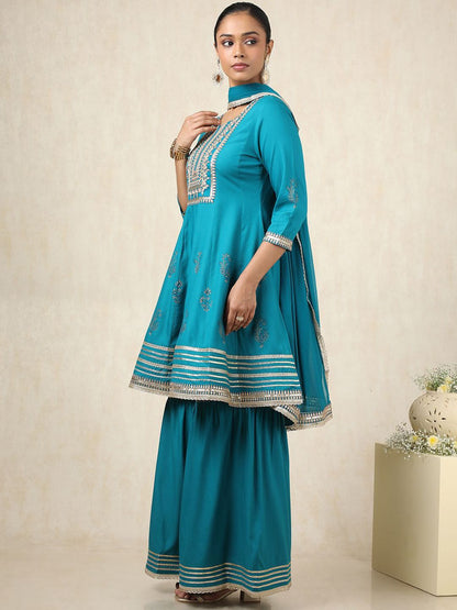 Dhiyona SO Women's Ethnic Motifs Yoke Design Round Neck A-Line Kurti With Sharara & Dupatta