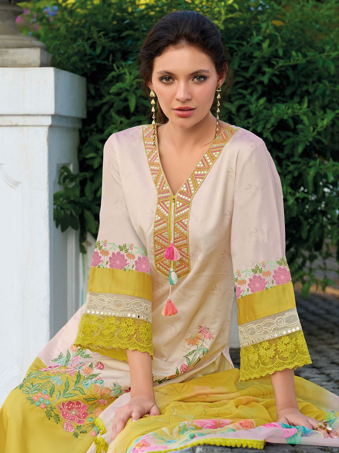 Dhiyona IE Floral Embroidered Mirror Work Straight Kurta With Trousers & Dupatta