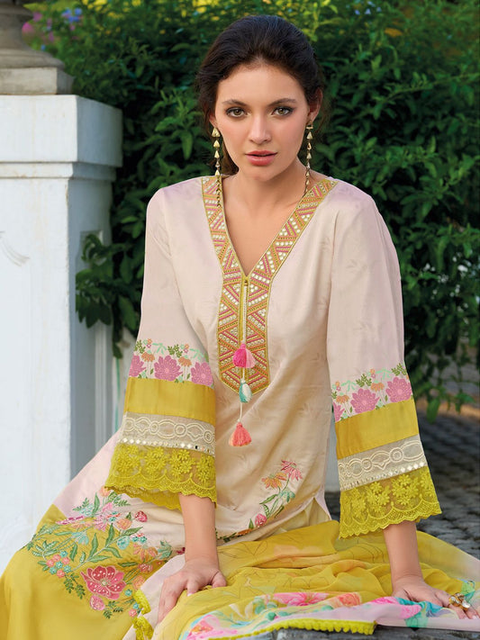 Floral Embroidered Mirror Work Straight Kurta With Trousers & Dupatta