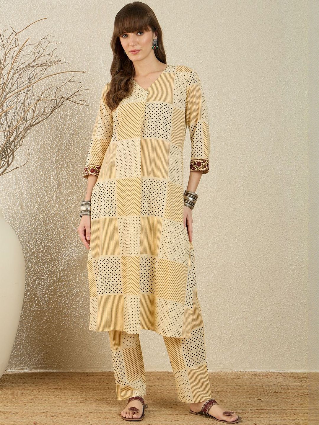 Printed V-Neck Pure Cotton Kurta With Trouser