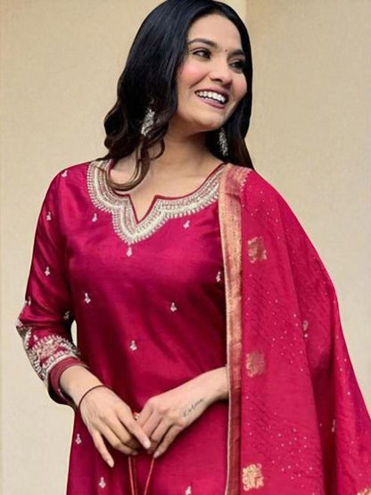 Dhiyona SN Women's Embroidered Calf Length Regular Straight Kurta & Pyjamas With Dupatta