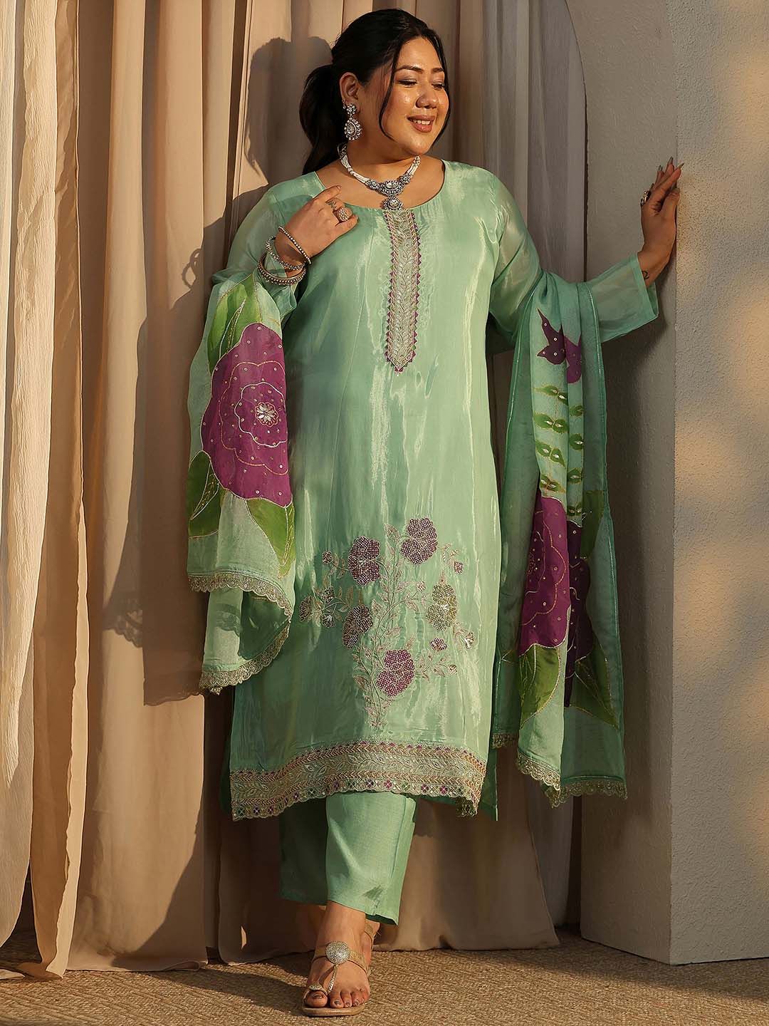 Dhiyona Women's Plus Size Floral Embroidered Kurta with Trousers & Dupatta