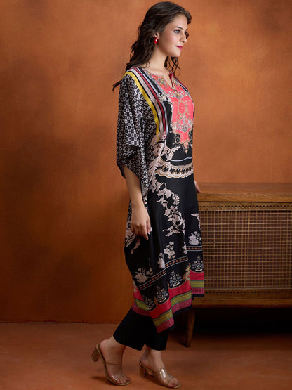 Dhiyona WP Ethnic Motifs Printed Notch Neck Beads and Stones Kaftan Kurta Wiith Trousers